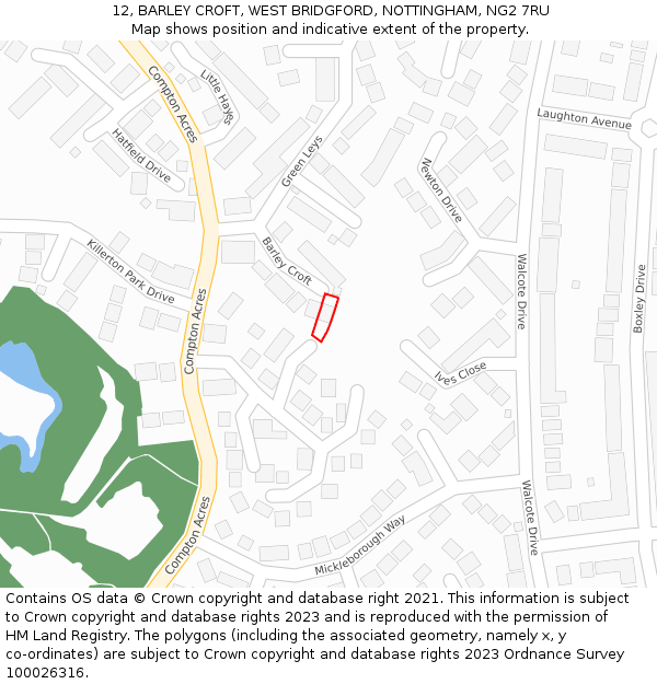 12, BARLEY CROFT, WEST BRIDGFORD, NOTTINGHAM, NG2 7RU: Location map and indicative extent of plot