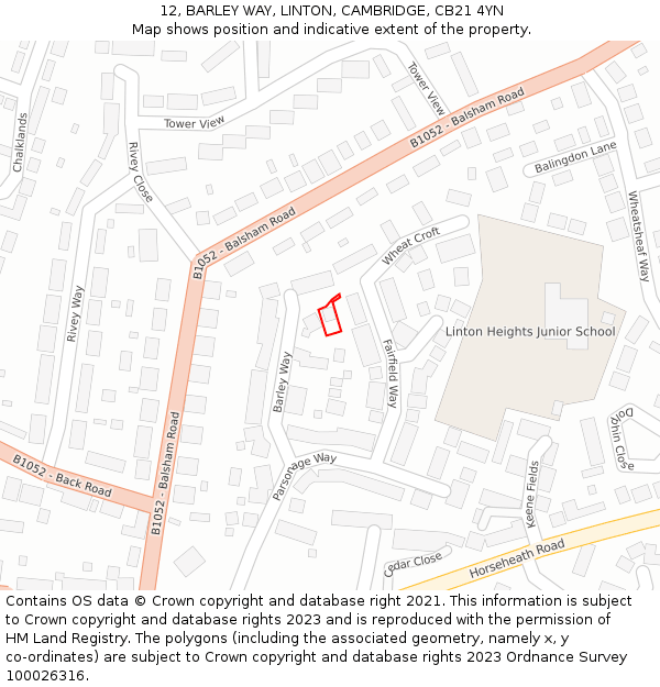 12, BARLEY WAY, LINTON, CAMBRIDGE, CB21 4YN: Location map and indicative extent of plot