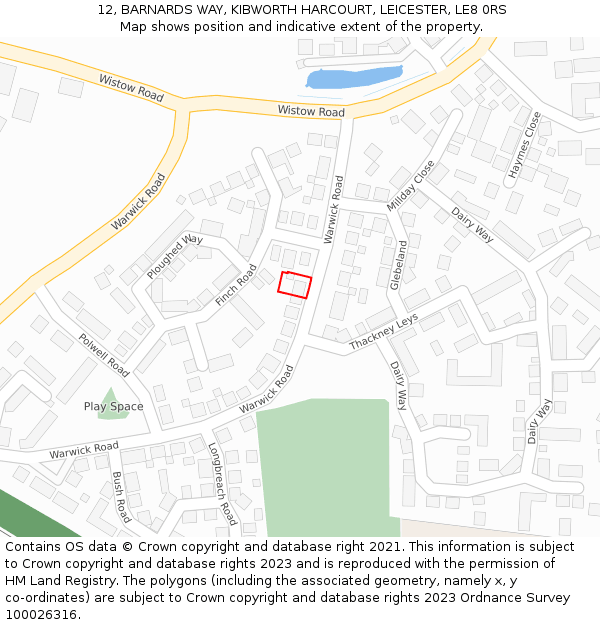 12, BARNARDS WAY, KIBWORTH HARCOURT, LEICESTER, LE8 0RS: Location map and indicative extent of plot