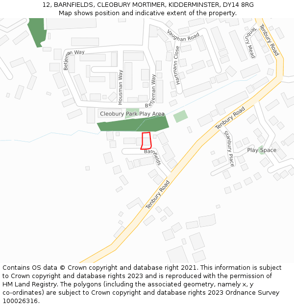 12, BARNFIELDS, CLEOBURY MORTIMER, KIDDERMINSTER, DY14 8RG: Location map and indicative extent of plot