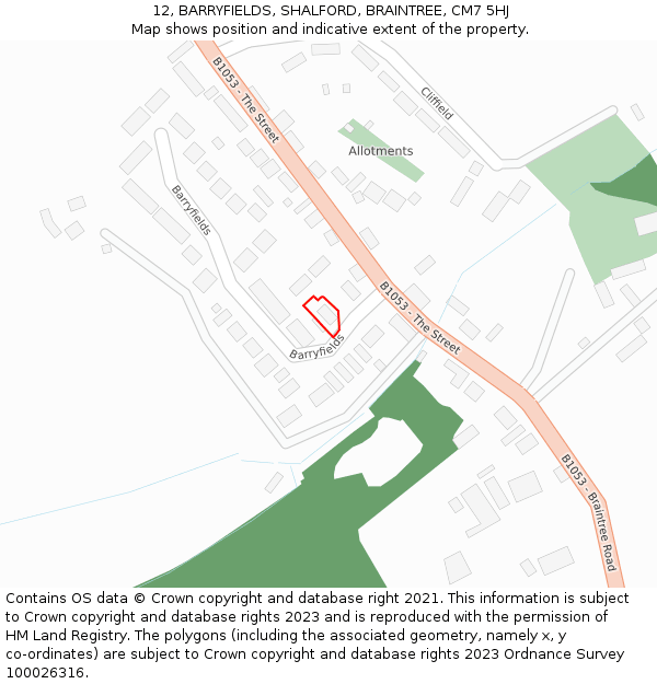 12, BARRYFIELDS, SHALFORD, BRAINTREE, CM7 5HJ: Location map and indicative extent of plot