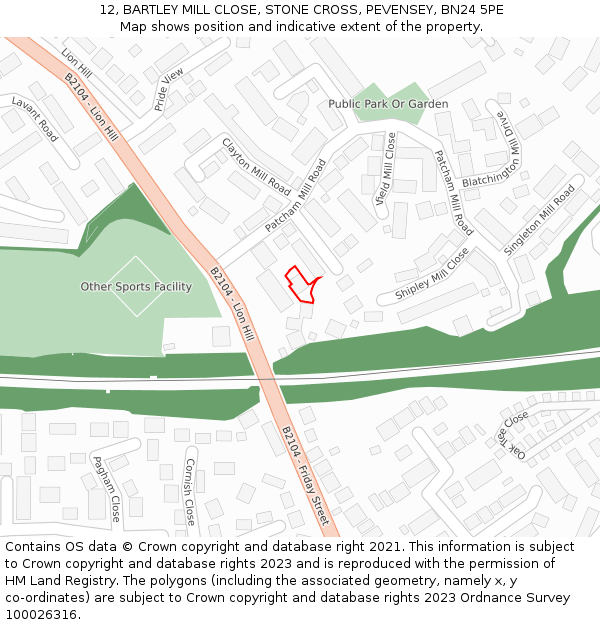12, BARTLEY MILL CLOSE, STONE CROSS, PEVENSEY, BN24 5PE: Location map and indicative extent of plot