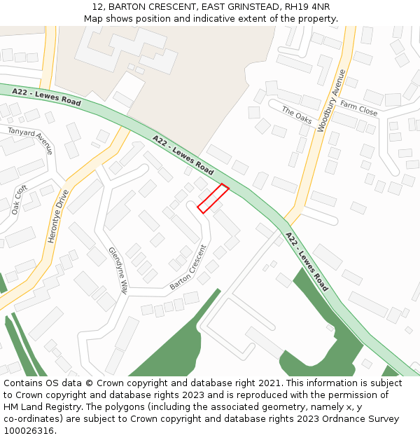 12, BARTON CRESCENT, EAST GRINSTEAD, RH19 4NR: Location map and indicative extent of plot