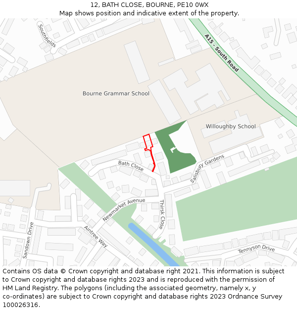 12, BATH CLOSE, BOURNE, PE10 0WX: Location map and indicative extent of plot