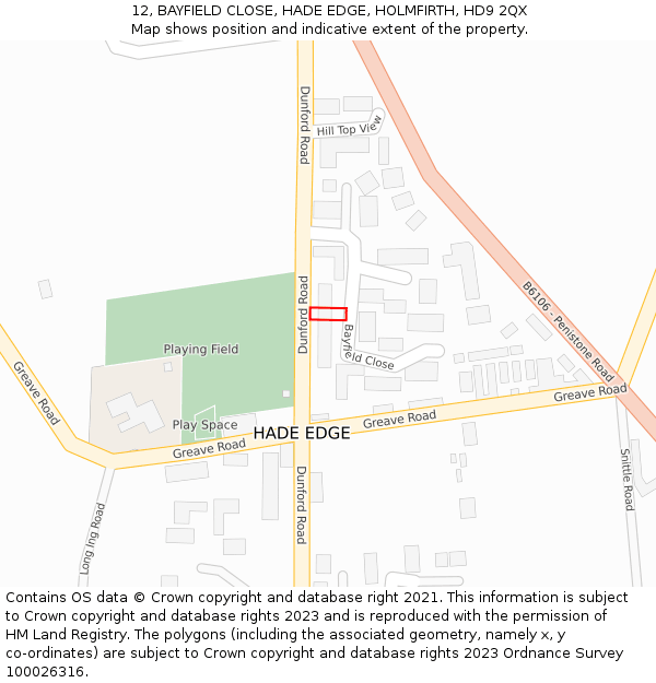 12, BAYFIELD CLOSE, HADE EDGE, HOLMFIRTH, HD9 2QX: Location map and indicative extent of plot