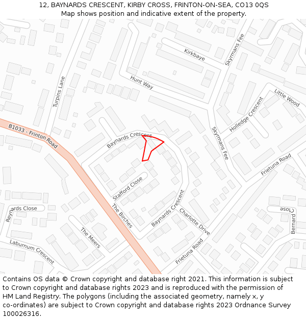 12, BAYNARDS CRESCENT, KIRBY CROSS, FRINTON-ON-SEA, CO13 0QS: Location map and indicative extent of plot