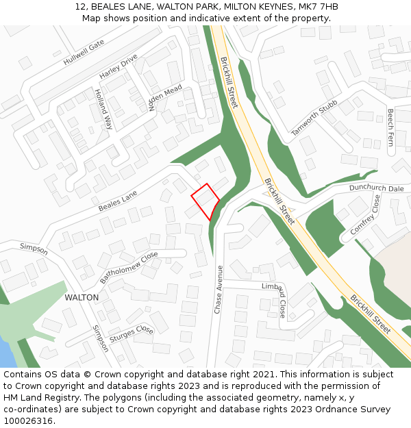 12, BEALES LANE, WALTON PARK, MILTON KEYNES, MK7 7HB: Location map and indicative extent of plot