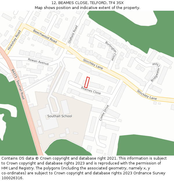 12, BEAMES CLOSE, TELFORD, TF4 3SX: Location map and indicative extent of plot