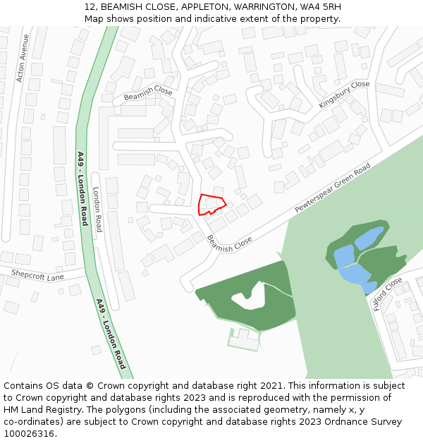 12, BEAMISH CLOSE, APPLETON, WARRINGTON, WA4 5RH: Location map and indicative extent of plot