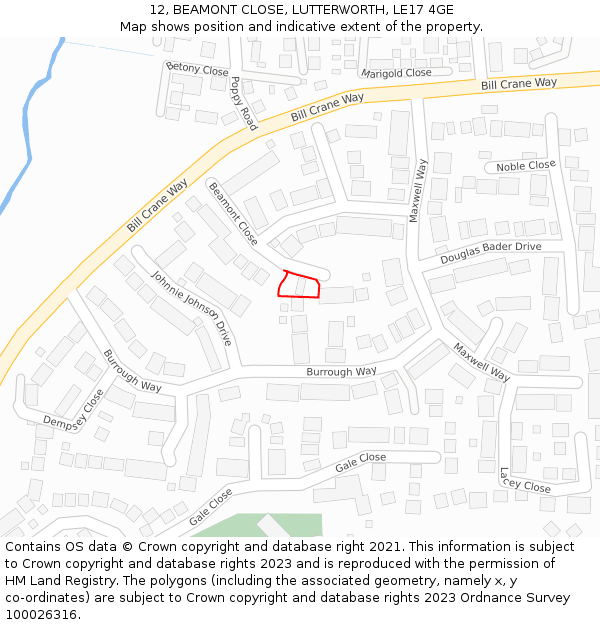 12, BEAMONT CLOSE, LUTTERWORTH, LE17 4GE: Location map and indicative extent of plot