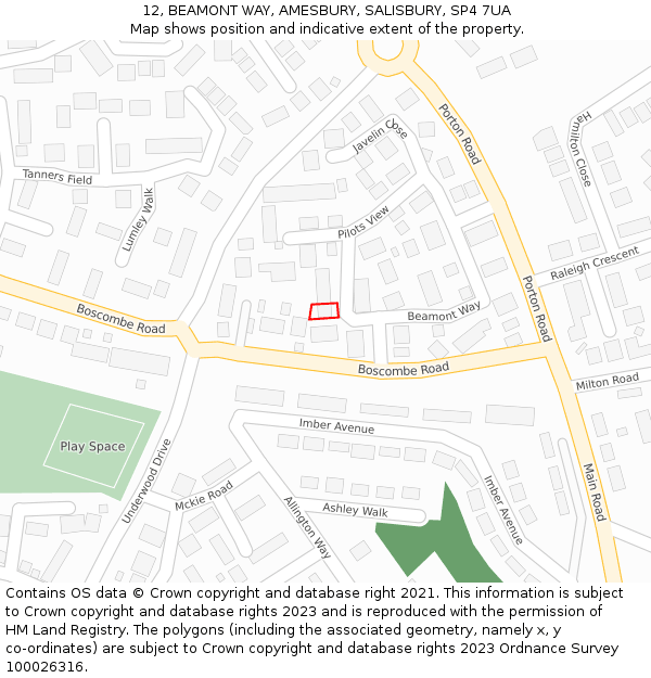 12, BEAMONT WAY, AMESBURY, SALISBURY, SP4 7UA: Location map and indicative extent of plot