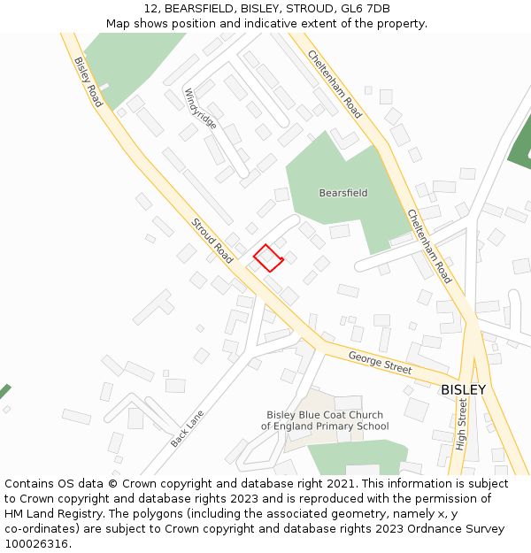 12, BEARSFIELD, BISLEY, STROUD, GL6 7DB: Location map and indicative extent of plot