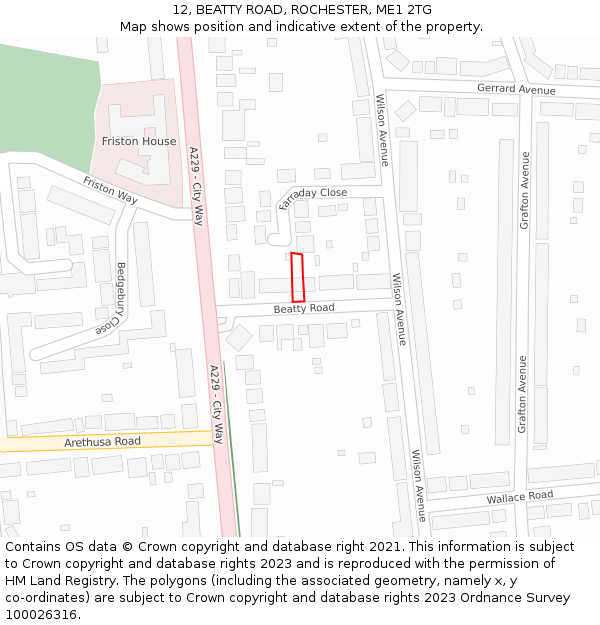 12, BEATTY ROAD, ROCHESTER, ME1 2TG: Location map and indicative extent of plot