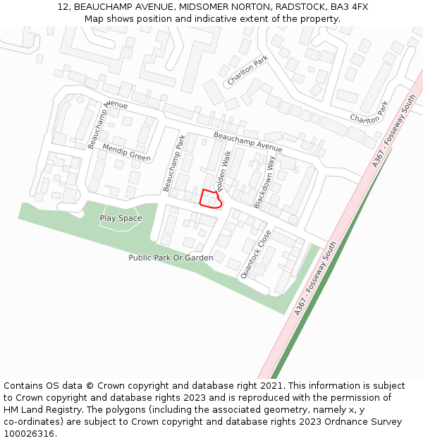 12, BEAUCHAMP AVENUE, MIDSOMER NORTON, RADSTOCK, BA3 4FX: Location map and indicative extent of plot