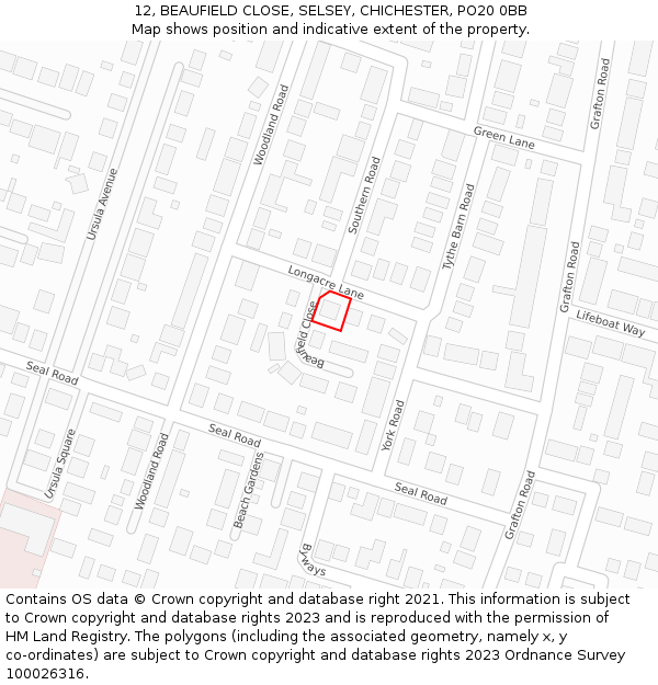 12, BEAUFIELD CLOSE, SELSEY, CHICHESTER, PO20 0BB: Location map and indicative extent of plot