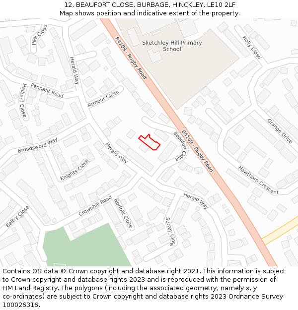 12, BEAUFORT CLOSE, BURBAGE, HINCKLEY, LE10 2LF: Location map and indicative extent of plot