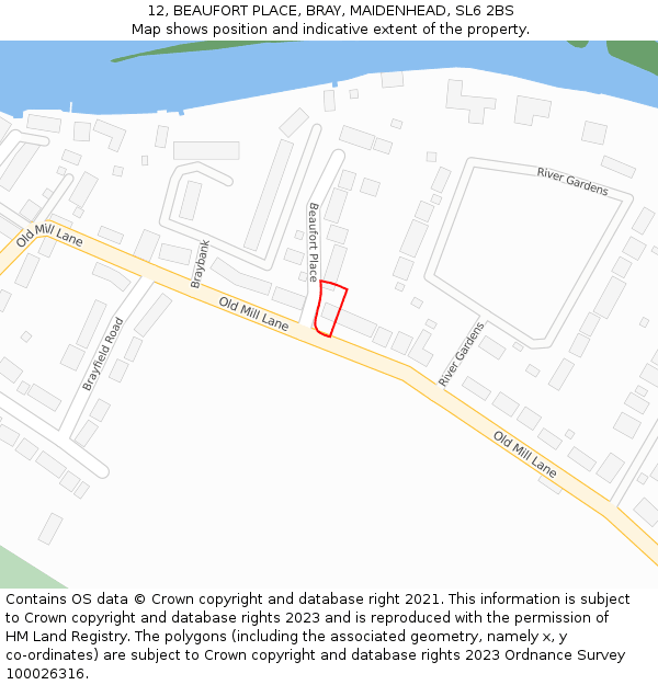 12, BEAUFORT PLACE, BRAY, MAIDENHEAD, SL6 2BS: Location map and indicative extent of plot
