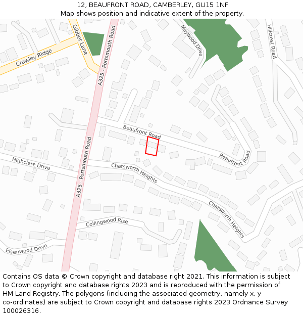 12, BEAUFRONT ROAD, CAMBERLEY, GU15 1NF: Location map and indicative extent of plot