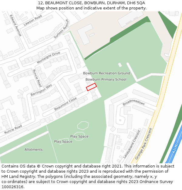12, BEAUMONT CLOSE, BOWBURN, DURHAM, DH6 5QA: Location map and indicative extent of plot