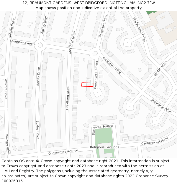 12, BEAUMONT GARDENS, WEST BRIDGFORD, NOTTINGHAM, NG2 7FW: Location map and indicative extent of plot