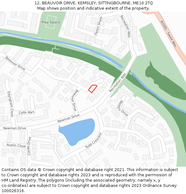 12, BEAUVOIR DRIVE, KEMSLEY, SITTINGBOURNE, ME10 2TQ: Location map and indicative extent of plot