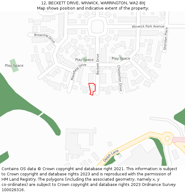 12, BECKETT DRIVE, WINWICK, WARRINGTON, WA2 8XJ: Location map and indicative extent of plot