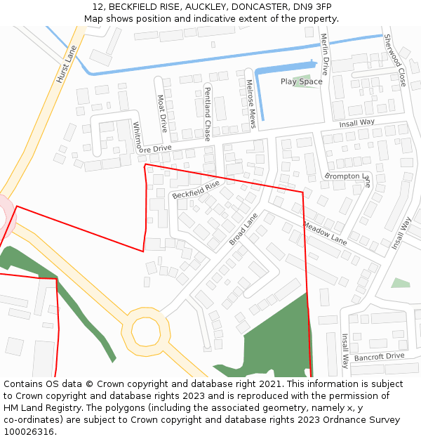 12, BECKFIELD RISE, AUCKLEY, DONCASTER, DN9 3FP: Location map and indicative extent of plot