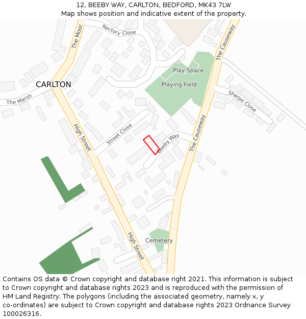 12, BEEBY WAY, CARLTON, BEDFORD, MK43 7LW: Location map and indicative extent of plot