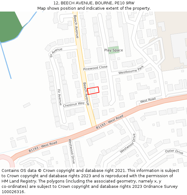 12, BEECH AVENUE, BOURNE, PE10 9RW: Location map and indicative extent of plot