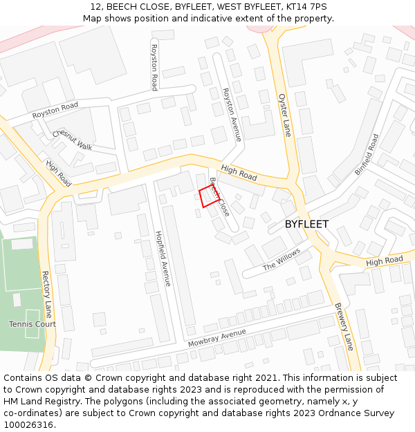 12, BEECH CLOSE, BYFLEET, WEST BYFLEET, KT14 7PS: Location map and indicative extent of plot