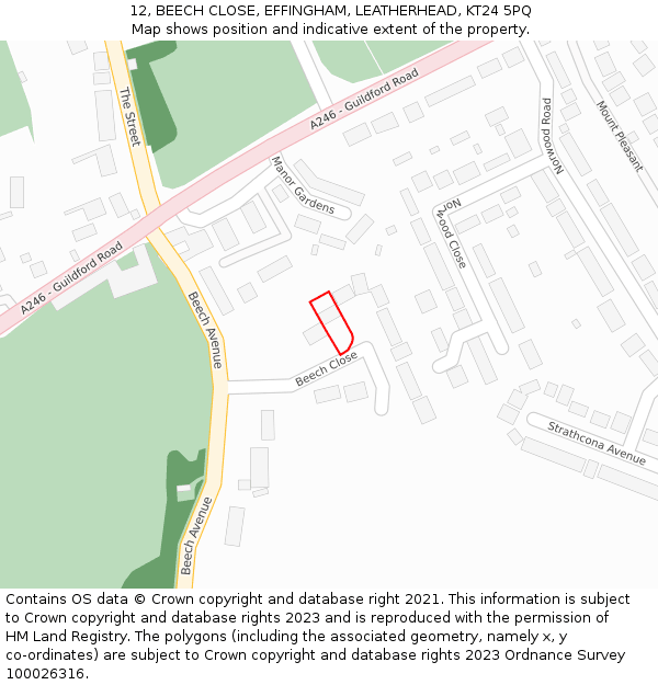 12, BEECH CLOSE, EFFINGHAM, LEATHERHEAD, KT24 5PQ: Location map and indicative extent of plot