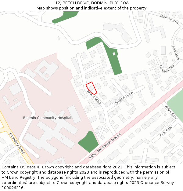 12, BEECH DRIVE, BODMIN, PL31 1QA: Location map and indicative extent of plot