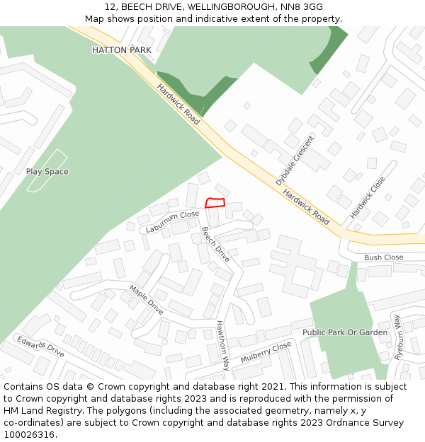 12, BEECH DRIVE, WELLINGBOROUGH, NN8 3GG: Location map and indicative extent of plot