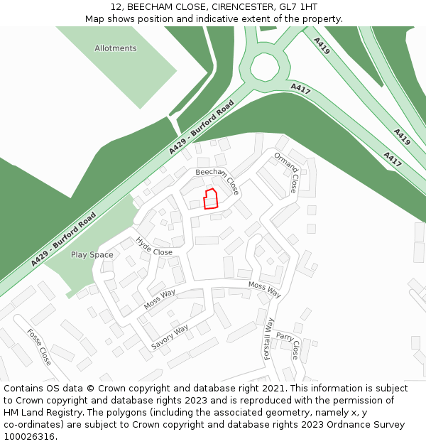 12, BEECHAM CLOSE, CIRENCESTER, GL7 1HT: Location map and indicative extent of plot