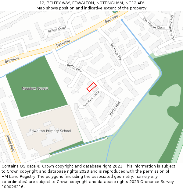 12, BELFRY WAY, EDWALTON, NOTTINGHAM, NG12 4FA: Location map and indicative extent of plot