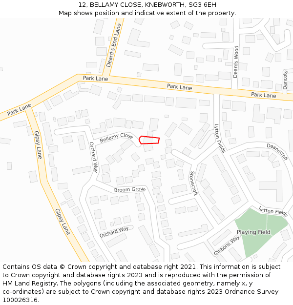 12, BELLAMY CLOSE, KNEBWORTH, SG3 6EH: Location map and indicative extent of plot