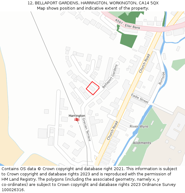 12, BELLAPORT GARDENS, HARRINGTON, WORKINGTON, CA14 5QX: Location map and indicative extent of plot