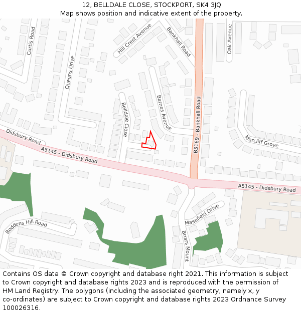 12, BELLDALE CLOSE, STOCKPORT, SK4 3JQ: Location map and indicative extent of plot