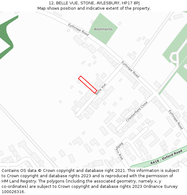 12, BELLE VUE, STONE, AYLESBURY, HP17 8PJ: Location map and indicative extent of plot