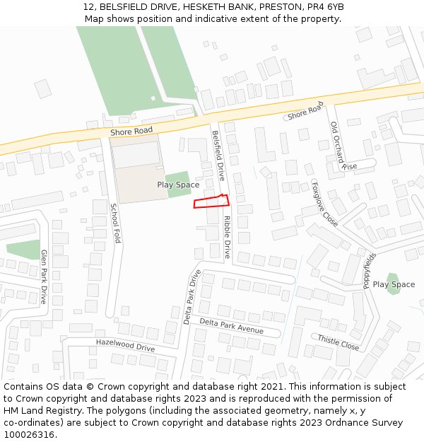 12, BELSFIELD DRIVE, HESKETH BANK, PRESTON, PR4 6YB: Location map and indicative extent of plot