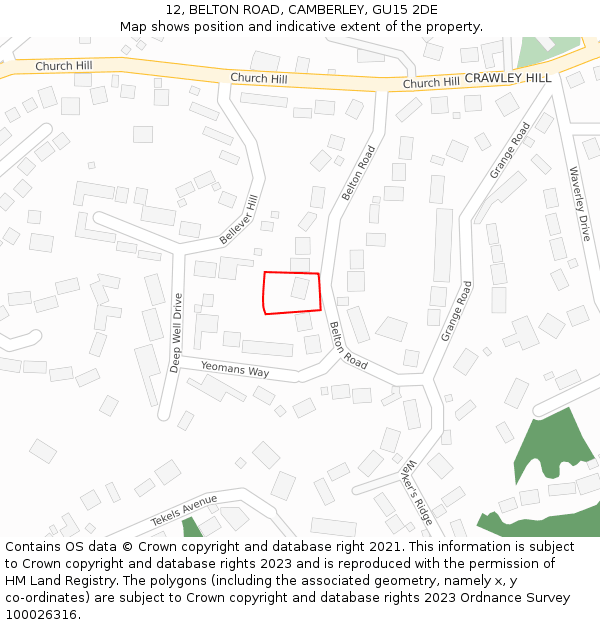 12, BELTON ROAD, CAMBERLEY, GU15 2DE: Location map and indicative extent of plot