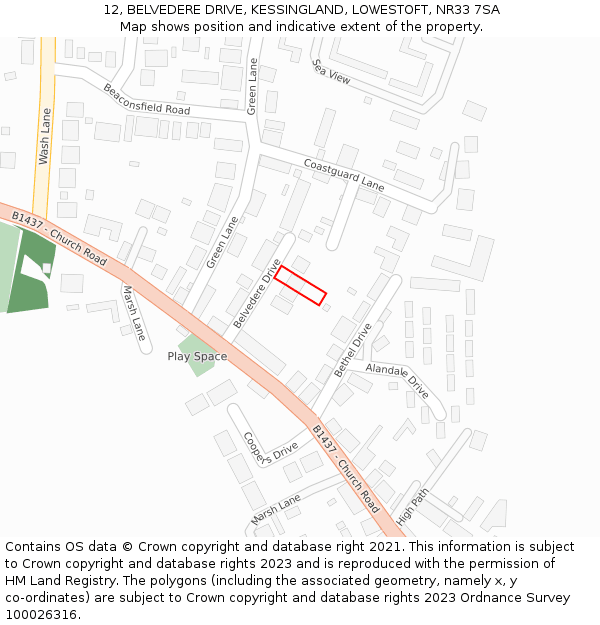12, BELVEDERE DRIVE, KESSINGLAND, LOWESTOFT, NR33 7SA: Location map and indicative extent of plot