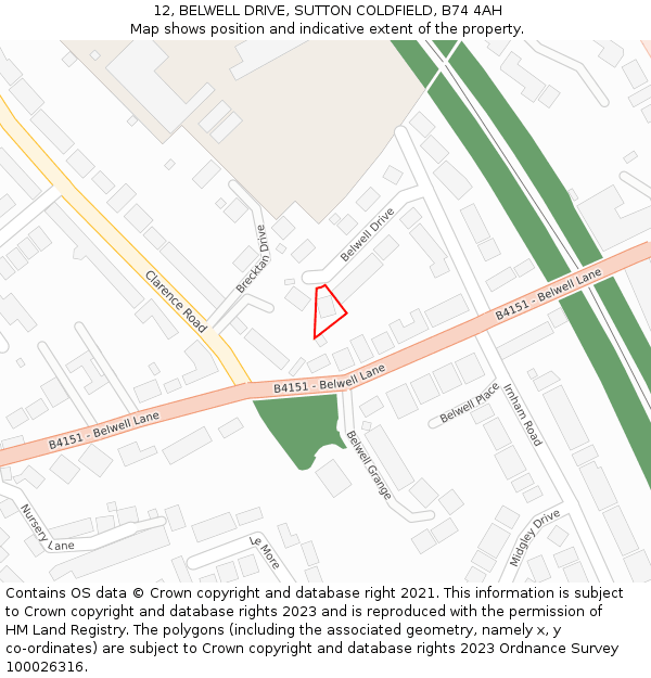 12, BELWELL DRIVE, SUTTON COLDFIELD, B74 4AH: Location map and indicative extent of plot