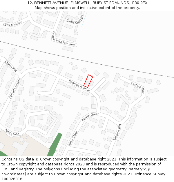 12, BENNETT AVENUE, ELMSWELL, BURY ST EDMUNDS, IP30 9EX: Location map and indicative extent of plot