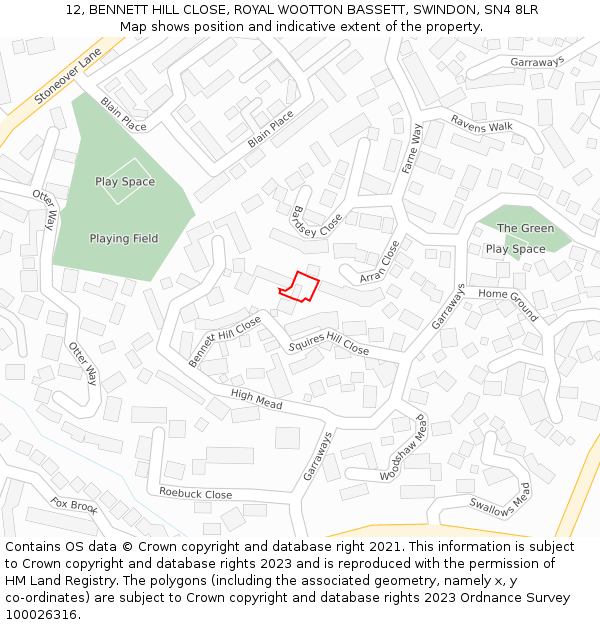 12, BENNETT HILL CLOSE, ROYAL WOOTTON BASSETT, SWINDON, SN4 8LR: Location map and indicative extent of plot