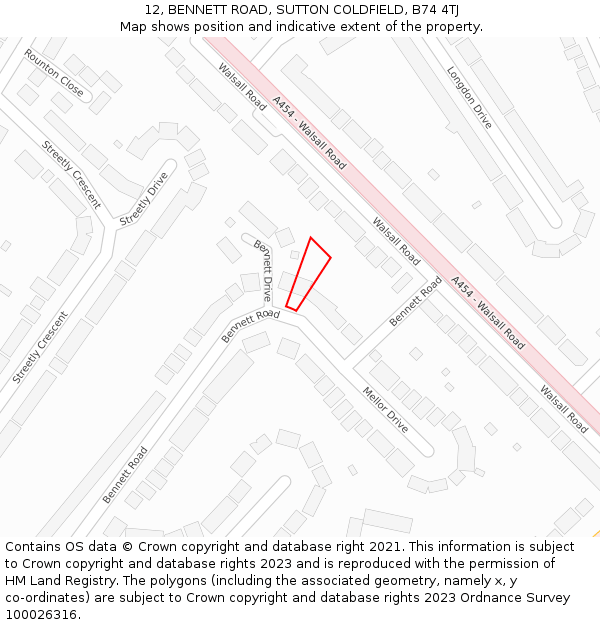 12, BENNETT ROAD, SUTTON COLDFIELD, B74 4TJ: Location map and indicative extent of plot