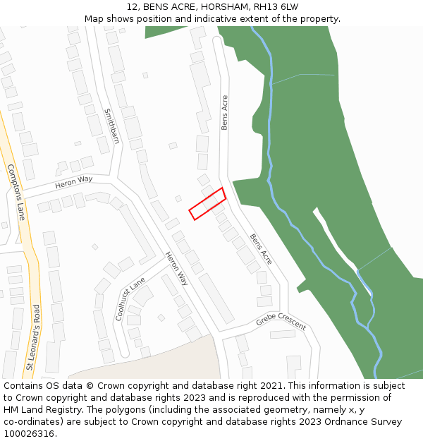 12, BENS ACRE, HORSHAM, RH13 6LW: Location map and indicative extent of plot