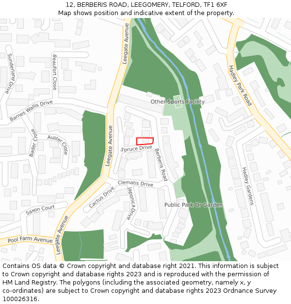 12, BERBERIS ROAD, LEEGOMERY, TELFORD, TF1 6XF: Location map and indicative extent of plot