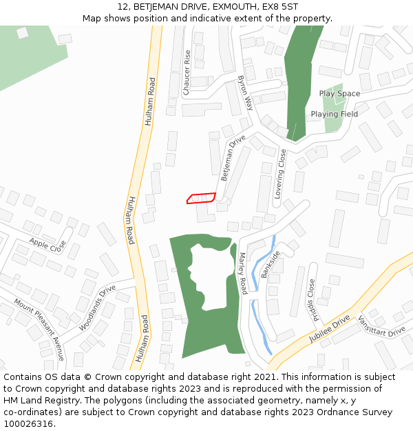 12, BETJEMAN DRIVE, EXMOUTH, EX8 5ST: Location map and indicative extent of plot
