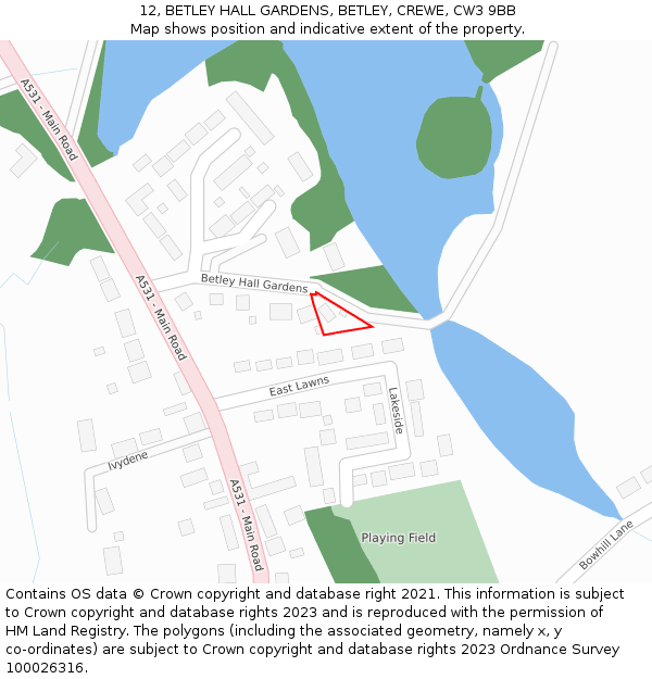 12, BETLEY HALL GARDENS, BETLEY, CREWE, CW3 9BB: Location map and indicative extent of plot